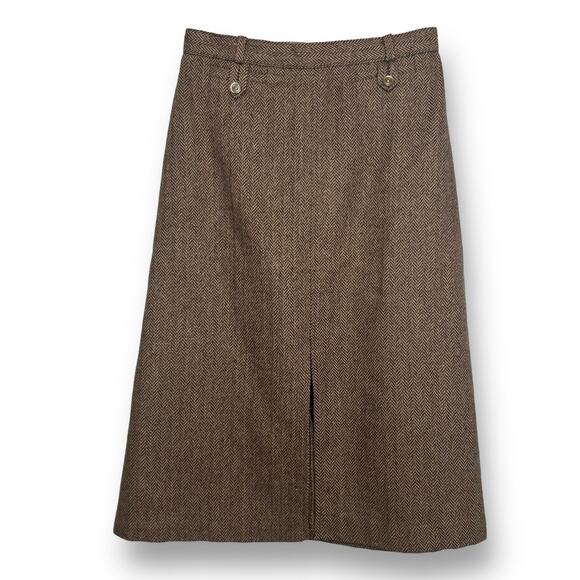 Vintage 70s Brown Double Split Herringbone Career Classic Midi Skirt Size Small - Picture 1 of 12